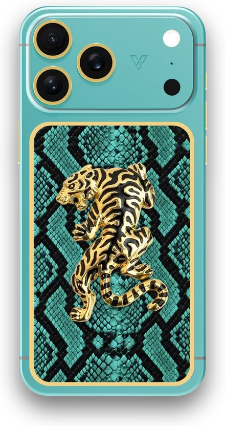 Custom iPhone designed with GoldPrivé: Aqua · Aqua Snake Leather · Tiger