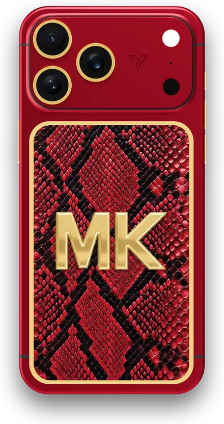 Custom iPhone designed with GoldPrivé: Maroon · Red Snake Leather · Initials