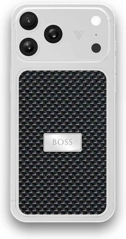 Custom iPhone designed with GoldPrivé: Platinum · Black Carbon Fibre · Engraved Plaque