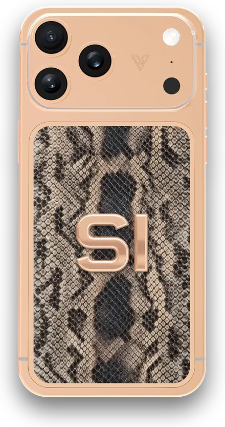Custom iPhone designed with GoldPrivé: Rose Gold · Natural Snake · Initials