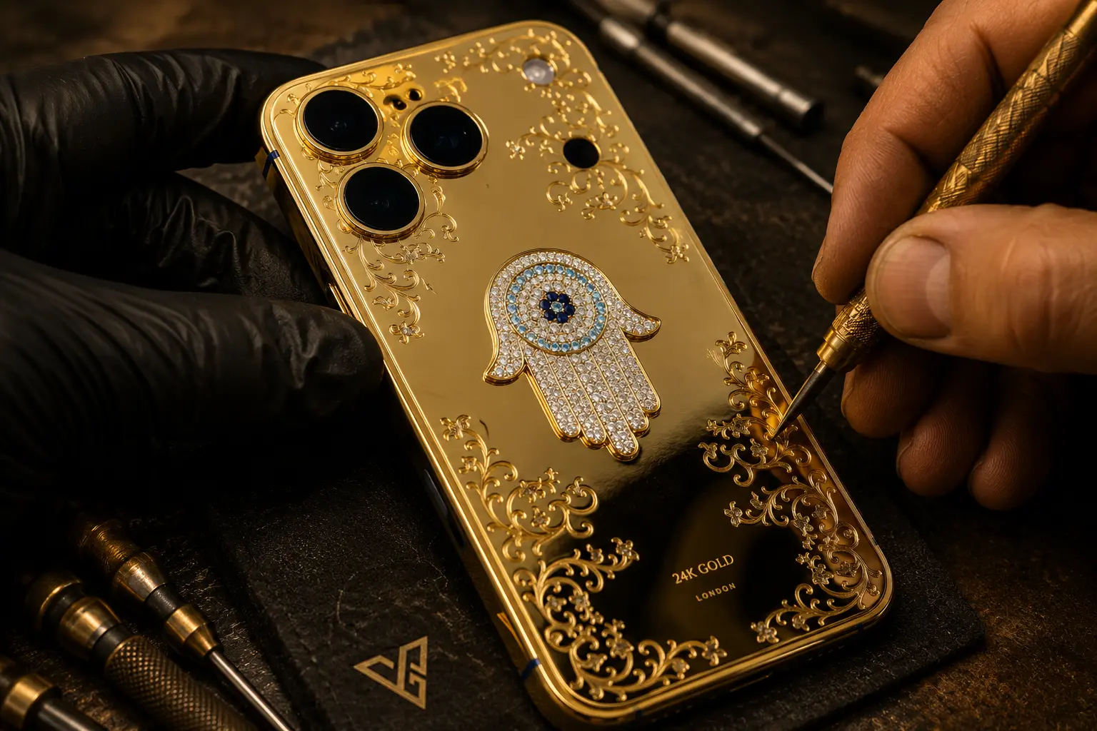 Artisan finishing a custom gold iPhone in the GoldPrivé Dubai atelier