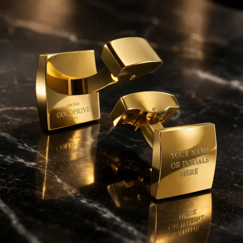 24K Gold Square Cufflinks by GoldPrivé — Axiom edition with bespoke engraving on a marble surface