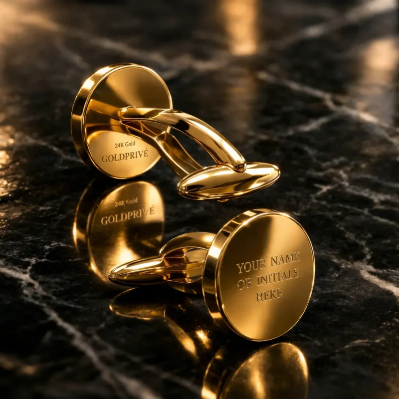 24K Gold Round Cufflinks by GoldPrivé — Orion edition with personalised engraving on a marble surface