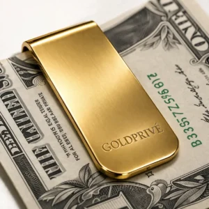 Luxury gold card holder placed on currency symbolizing wealth, success and premium lifestyle