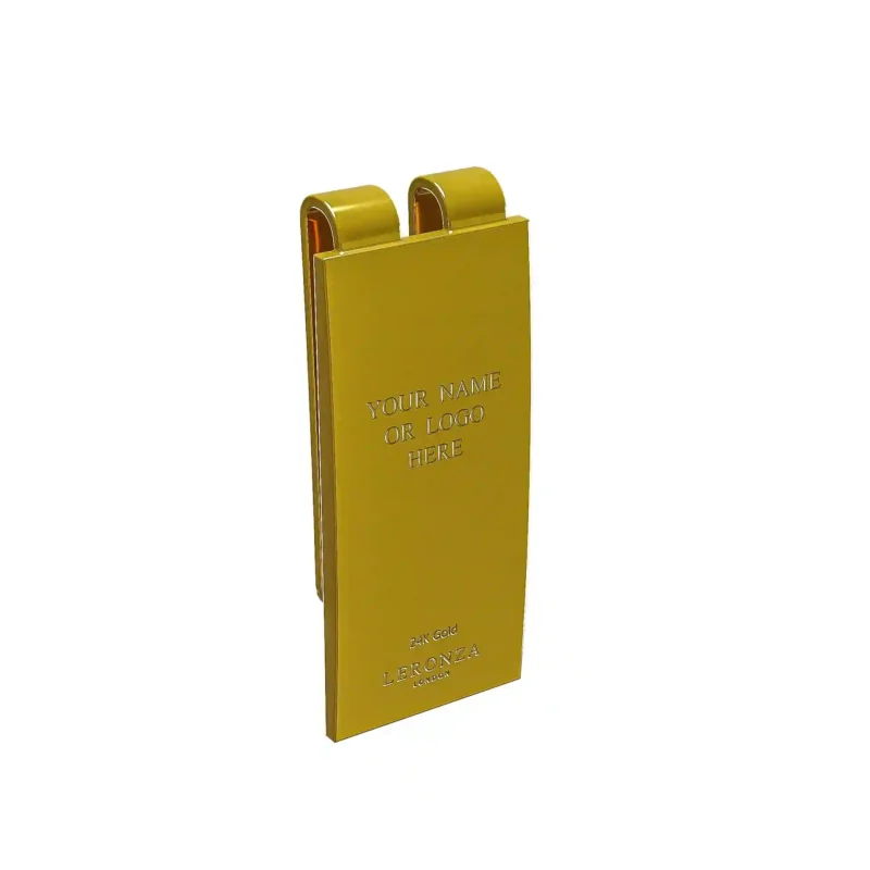 24K Gold Money Clip engraving detail — polished gold face showing the engraving surface