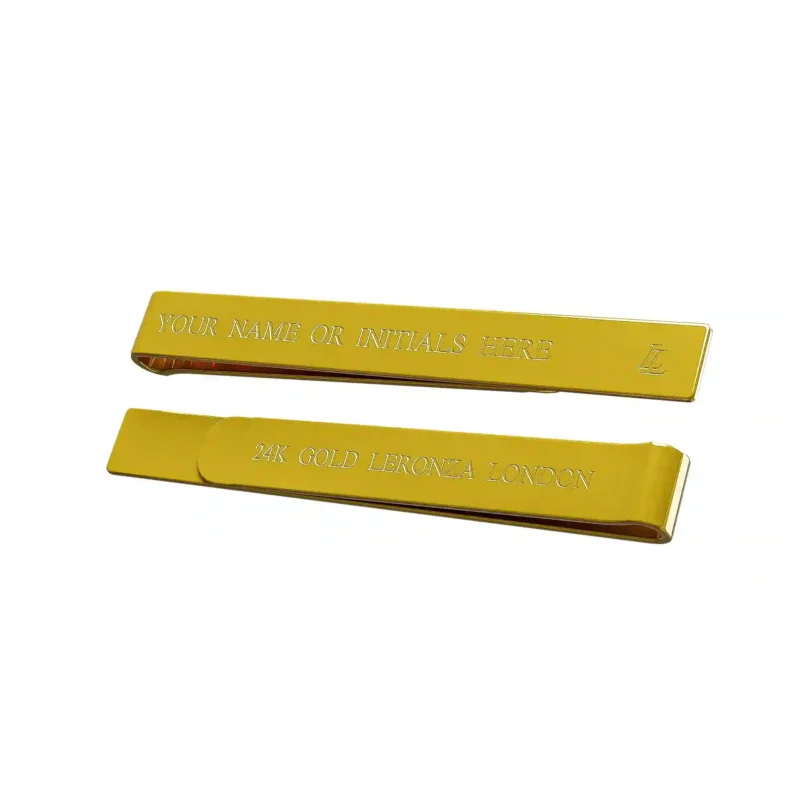 24K Gold Tie Holder engraving detail — polished gold bar showing the engraving surface