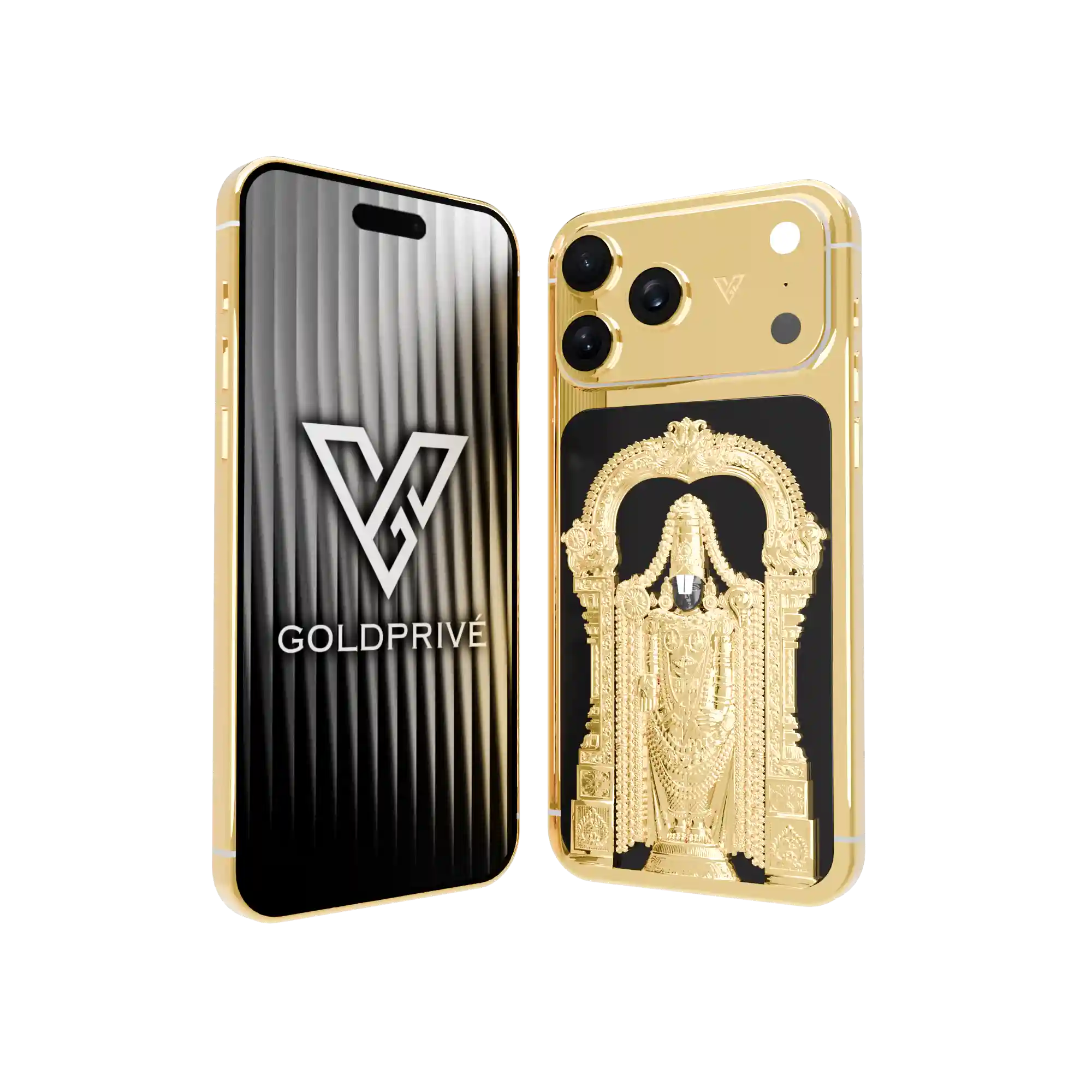 Tirupati Balaji Lord Venkateswara iPhone 17 Pro and Pro Max customized in 24K gold with spiritual luxury design