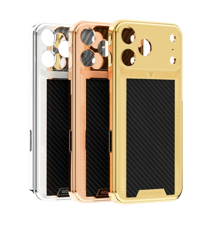 Carbon Victory Gold iPhone 18 Pro and Pro Max case with 24K gold and structured carbon fiber design