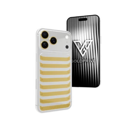 Élysian 18K solid gold iPhone 18 Pro Max with platinum backplate and solid gold vertical centerpiece