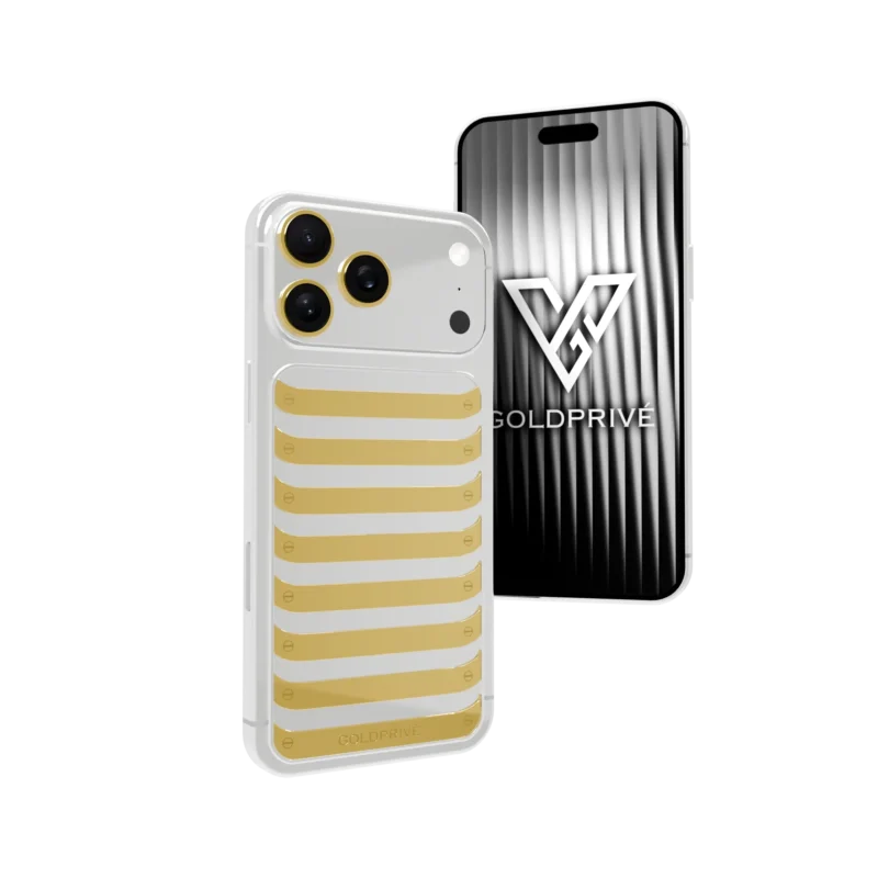 Élysian 18K solid gold iPhone 18 Pro Max with platinum backplate and solid gold vertical centerpiece