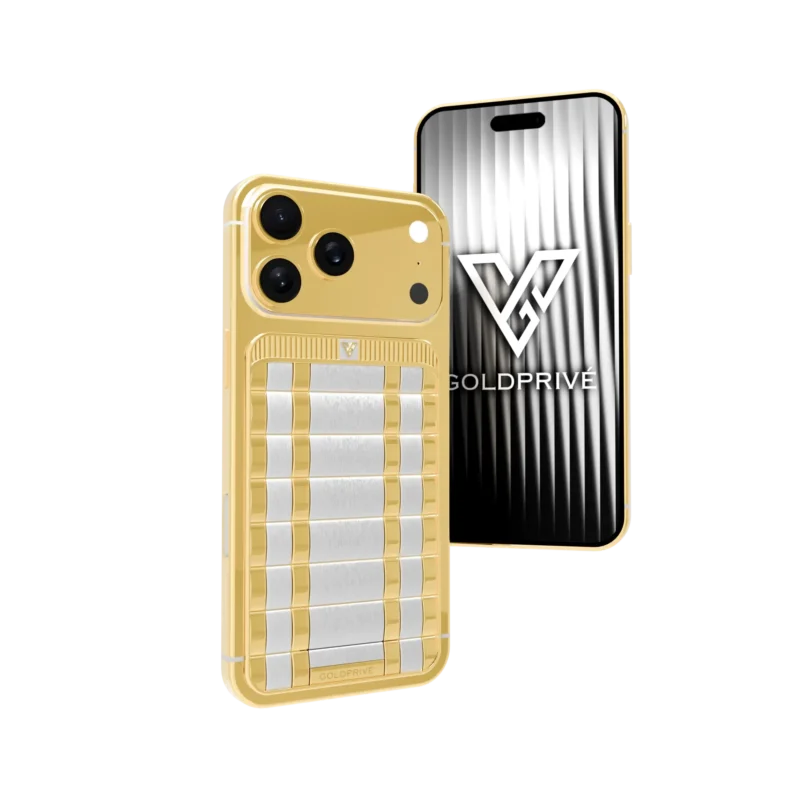 Imperium 18K solid gold iPhone 18 Pro Max with platinum-plated backplate and solid gold vertical centerpiece