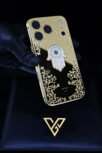 Hamsa Eye Amulet iPhone 17 Pro and Pro Max solid gold collection with spiritual luxury design in 24K gold