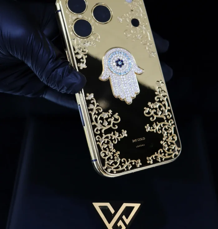 Hamsa Eye Amulet iPhone 17 Pro and Pro Max solid gold collection with spiritual luxury design in 24K gold