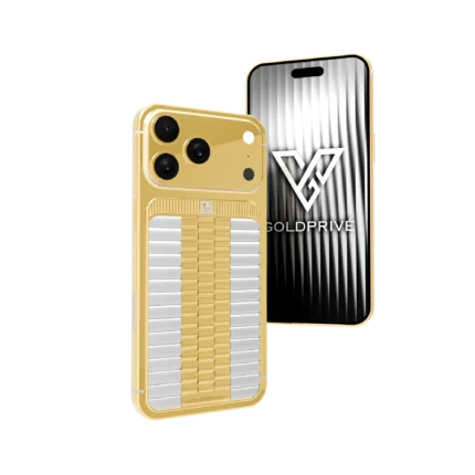 Sovereign 18K solid gold iPhone 18 Pro Max with platinum backplate and solid gold vertical centerpiece