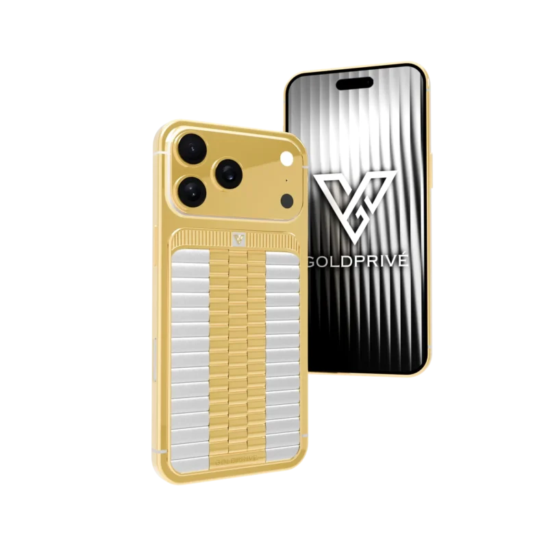 Sovereign 18K solid gold iPhone 18 Pro Max with platinum backplate and solid gold vertical centerpiece