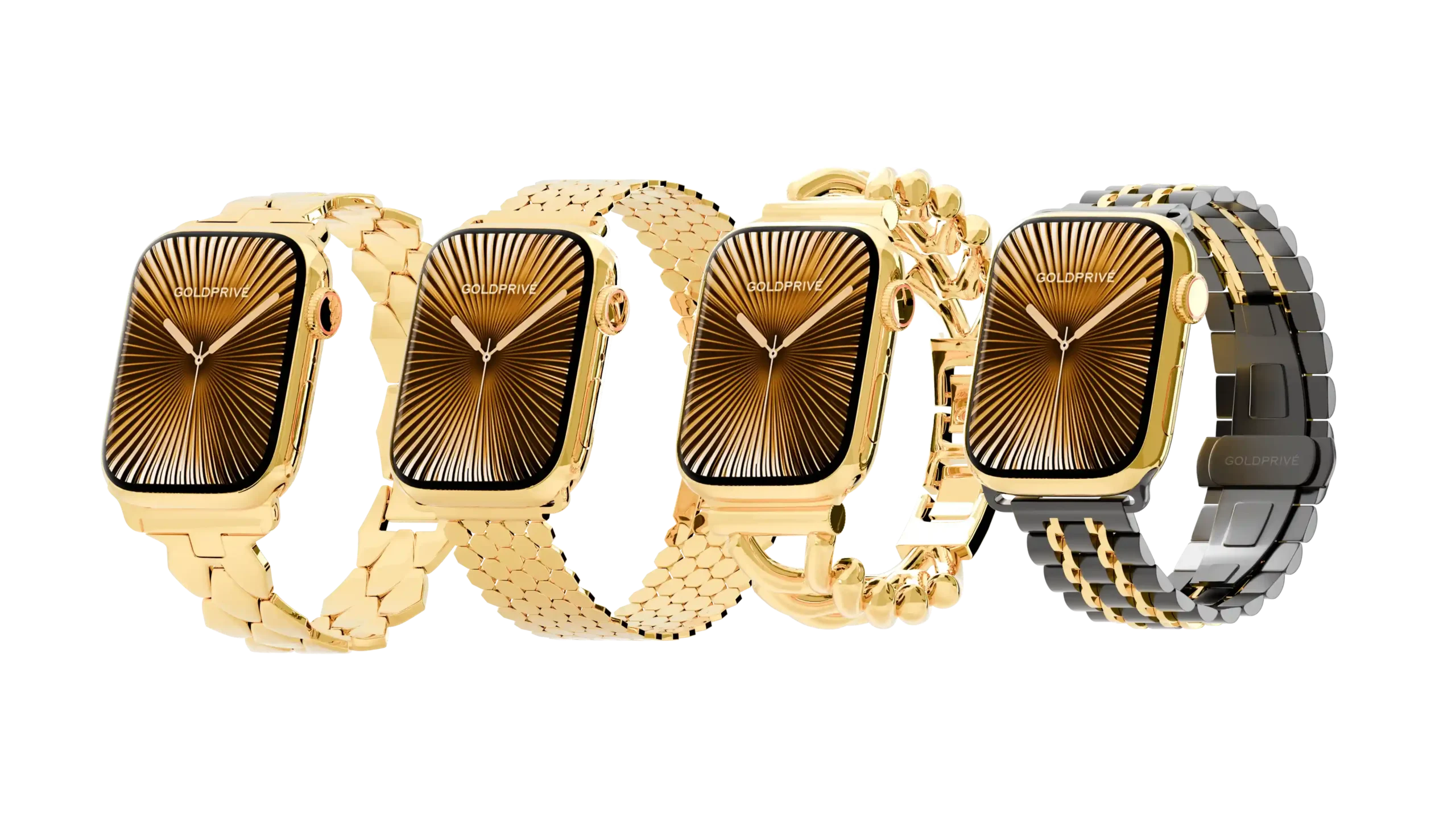 Apple Watch customized with gold luxury straps featuring premium metallic finishes by Goldprive