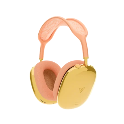 AirPods Max customized with gold ear cups and orange headband for a luxury designer look