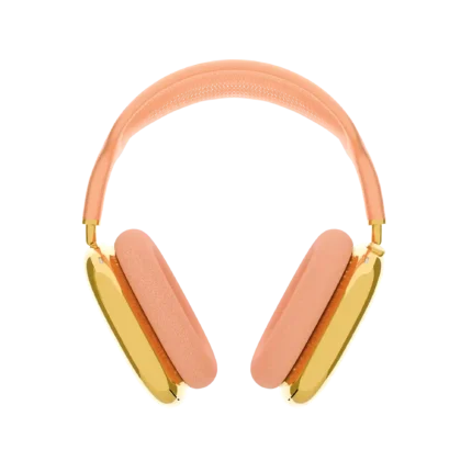 Apple AirPods Max with gold finish and orange headband displayed in front view