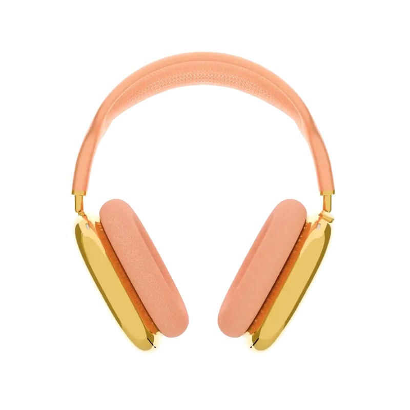 Apple AirPods Max with gold finish and orange headband displayed in front view