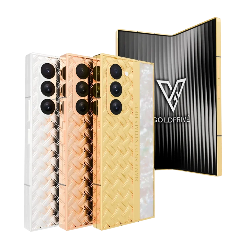 Knots and Pearl Samsung Galaxy Z Fold7 customized in 24K gold, rose gold and platinum with pearl luxury design