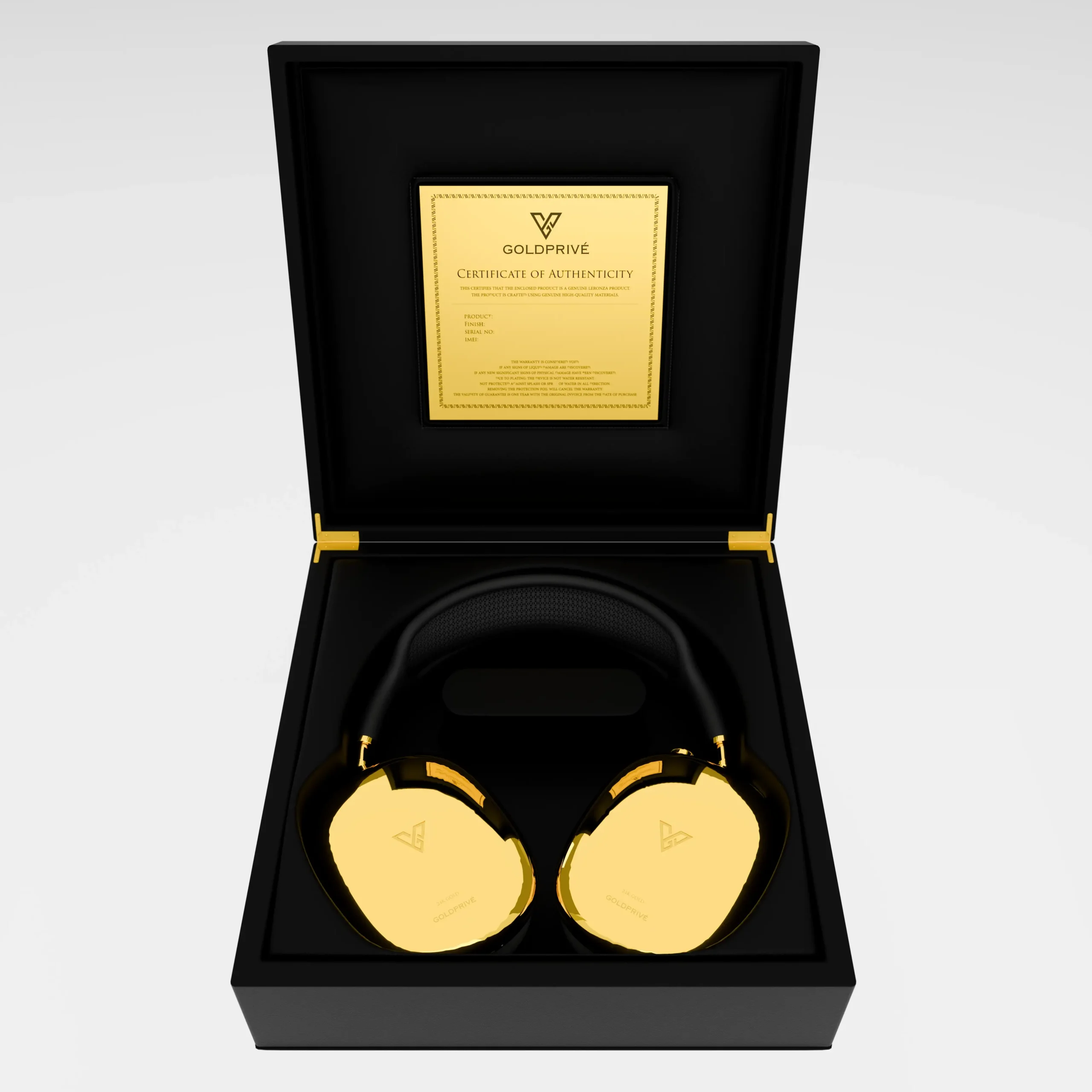 Gold customized AirPods Max presented in luxury packaging box with premium branding