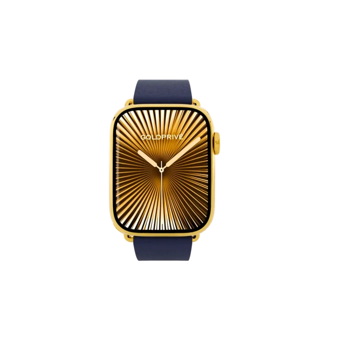 Apple Watch customized in 24K gold with blue strap and luxury sunburst dial finish