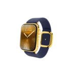 Side angle of gold Apple Watch with blue strap showcasing premium case and buckle design