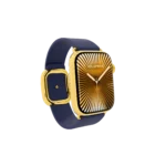 Apple Watch gold edition with blue strap displayed in angled front view