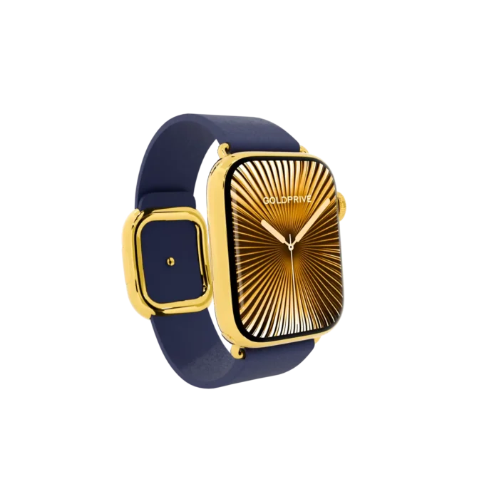 Apple Watch gold edition with blue strap displayed in angled front view
