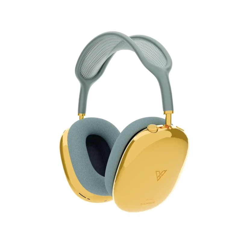 Apple AirPods Max customized with gold ear cups and blue headband for a luxury finish