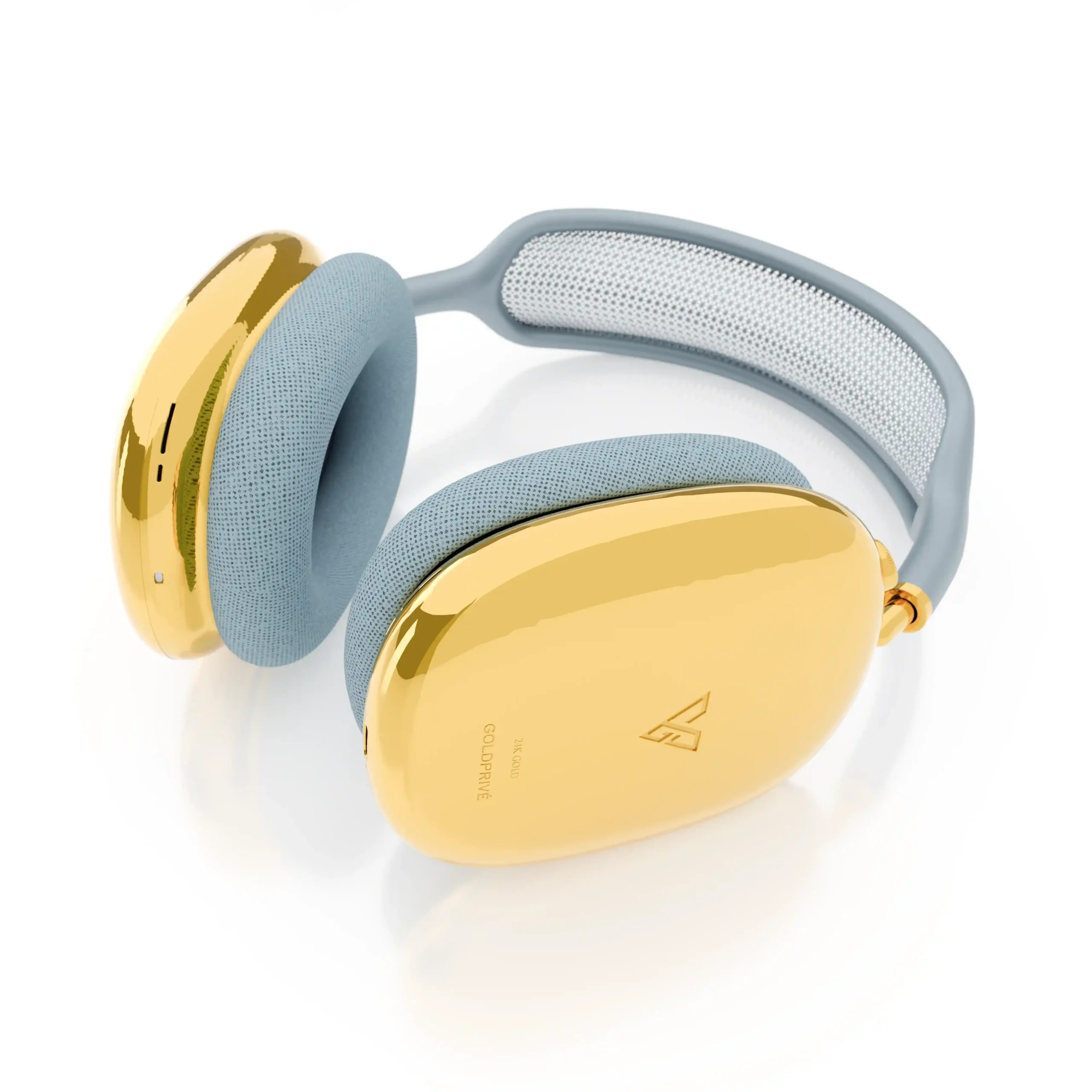 Luxury AirPods Max with gold ear cups shown from an angled perspective highlighting design