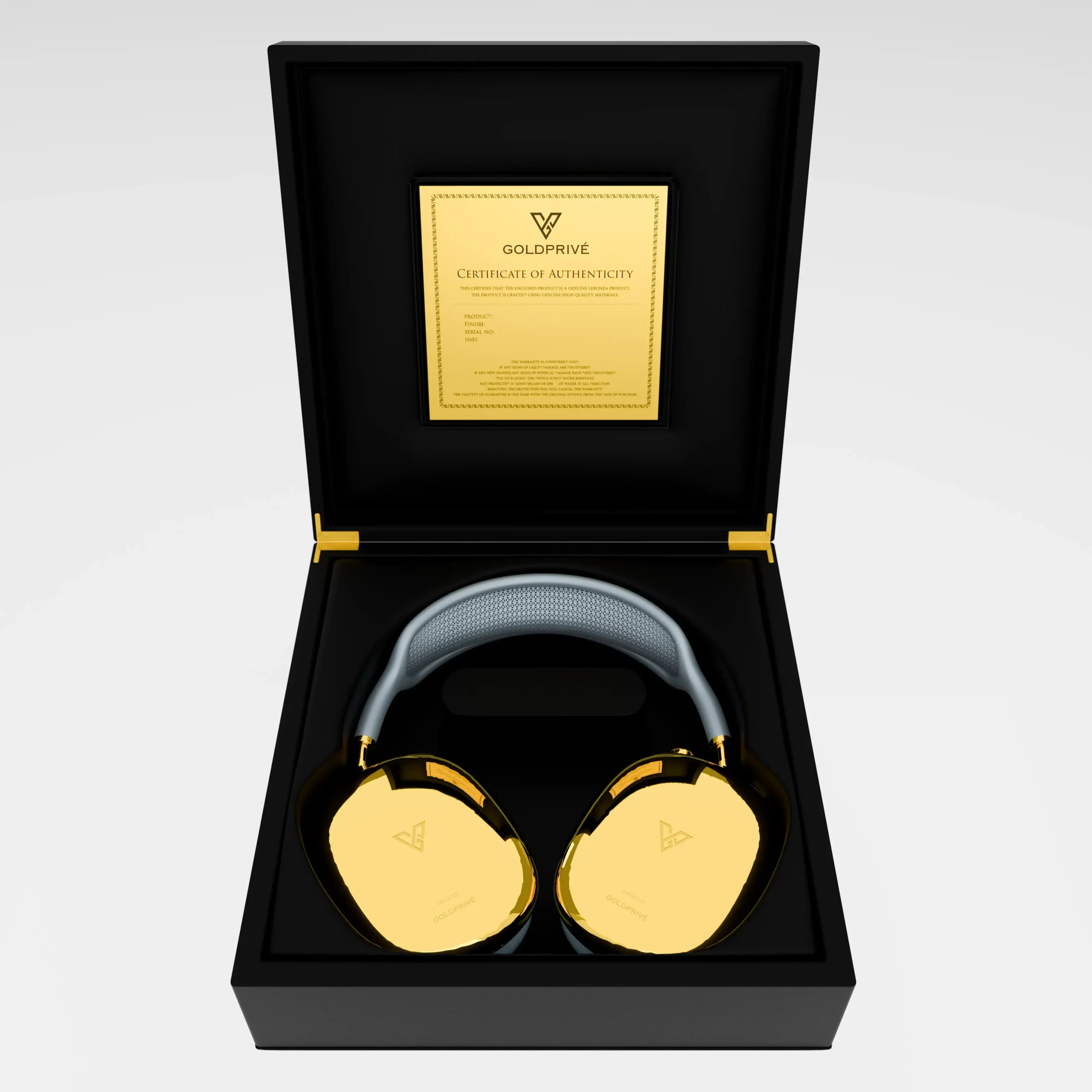 Gold customized AirPods Max presented in premium luxury packaging box