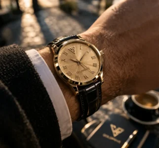 Elegant gold watch worn on wrist showcasing premium craftsmanship and luxury lifestyle