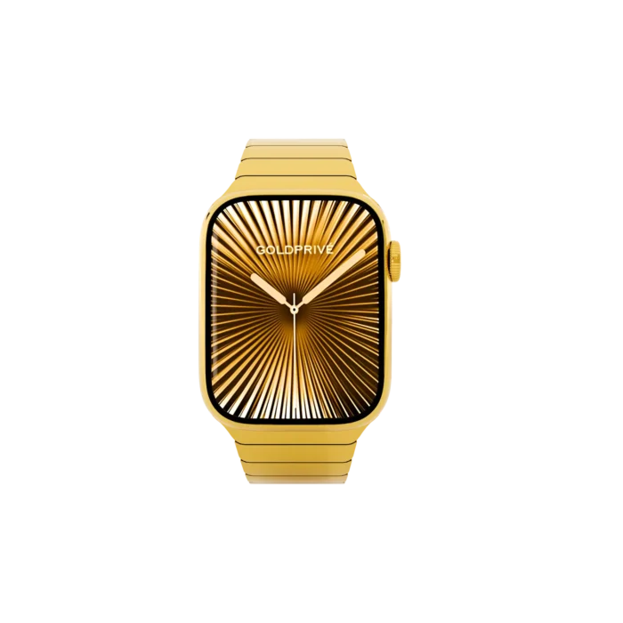 Gold Apple Watch front view with integrated bracelet and premium design