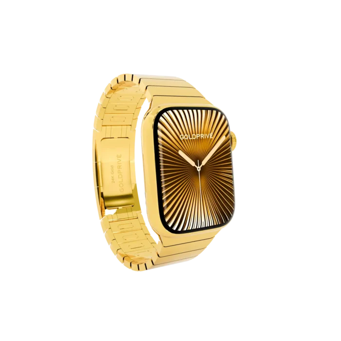 Side angle of gold Apple Watch with luxury bracelet and polished case finish
