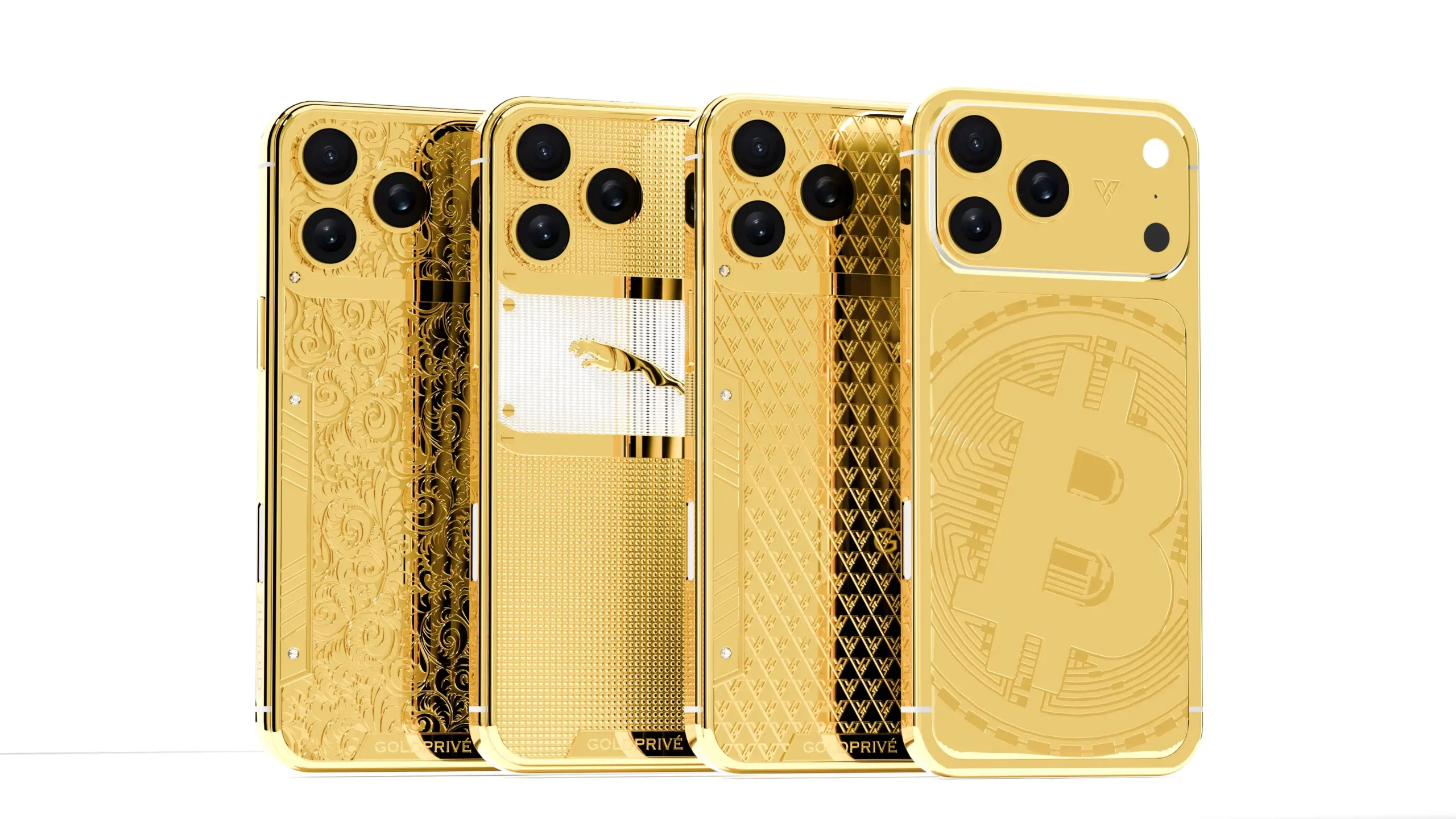 24K Gold iPhones collection featuring multiple luxury finishes including engraved and carbon fiber designs by GoldPrive