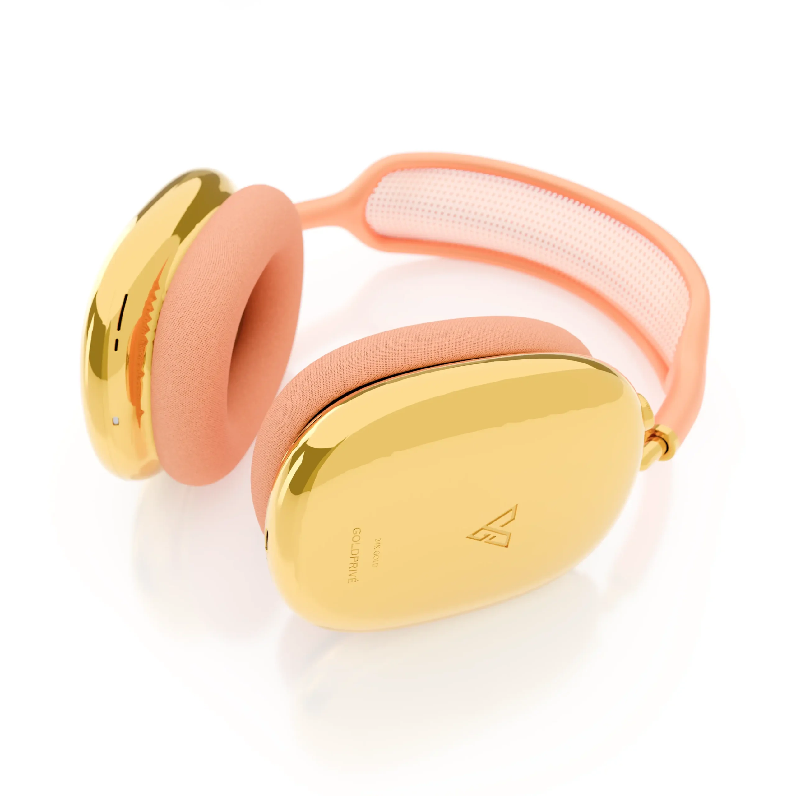 Luxury AirPods Max with gold finish and orange headband shown in side angle
