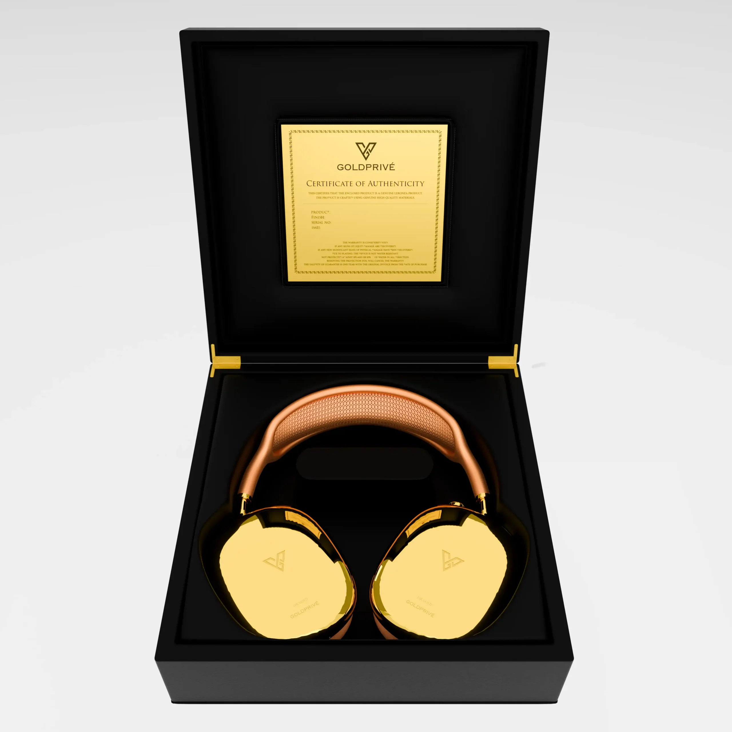 Luxury AirPods Max customized in gold with orange accents presented in premium packaging