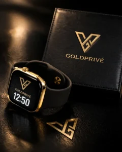Apple Watch customized in gold finish with luxury branding and premium strap design