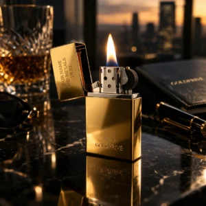 Luxury gold lighter placed with whiskey glass and premium accessories showcasing an elite lifestyle