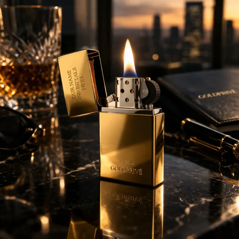 24K Gold Zippo Lighter presented as a luxury gift alongside a whiskey glass and premium accessories