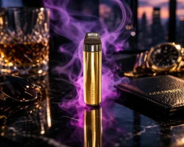 Premium gold vape with luxury finish placed in an upscale setting representing elite lifestyle accessories