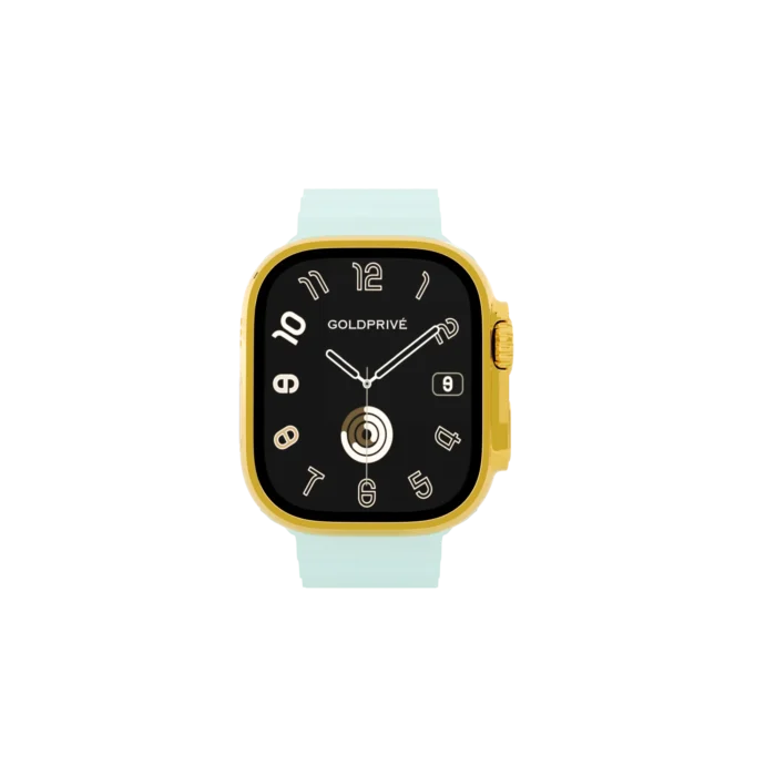 Apple Watch Ultra 3 with White Ice Blue Ocean Band customized in gold with luxury dial