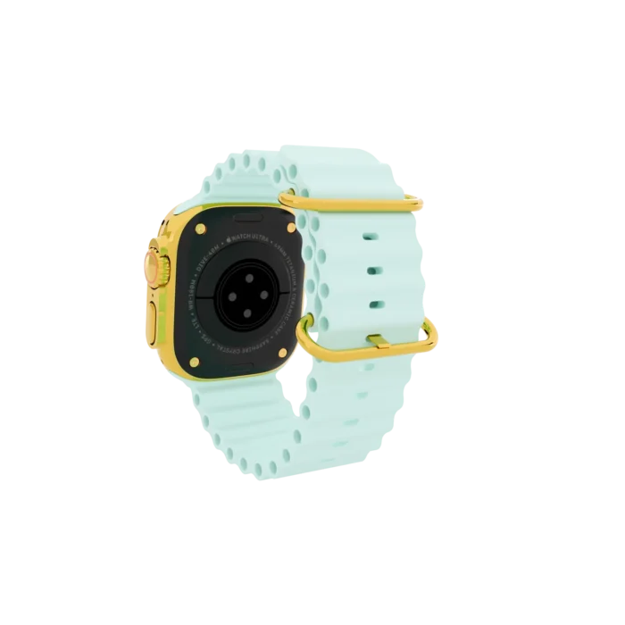 Back view of Apple Watch Ultra 3 White Ice Blue Ocean Band showing sensors and strap