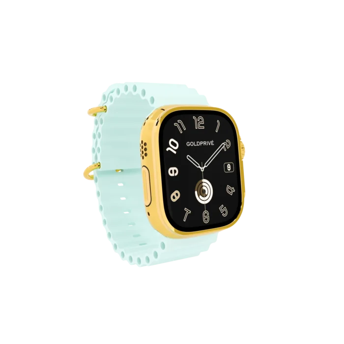 Front view of Apple Watch Ultra 3 White Ice Blue Ocean Band with gold customization