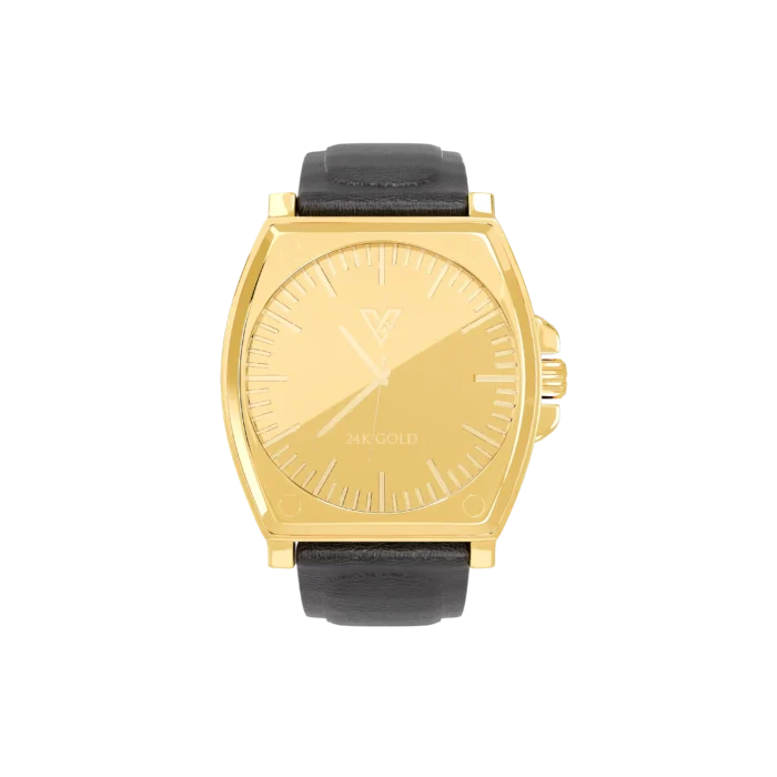 Round gold watch with leather strap and classic luxury styling