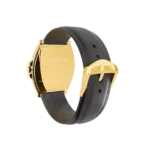 Back view of gold watch with leather strap showing premium finishing