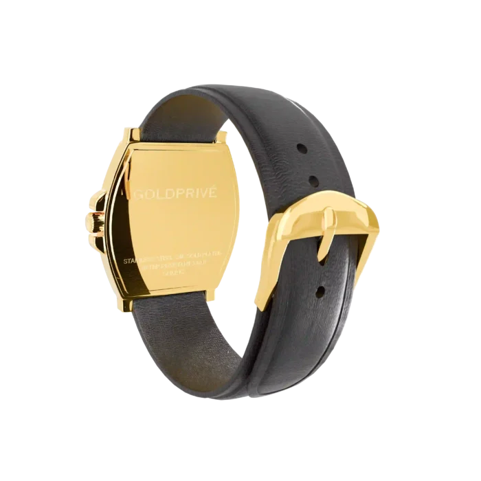 Back view of gold watch with leather strap showing premium finishing
