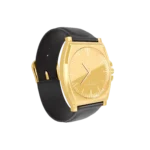 Gold watch with black leather strap and luxury polished dial