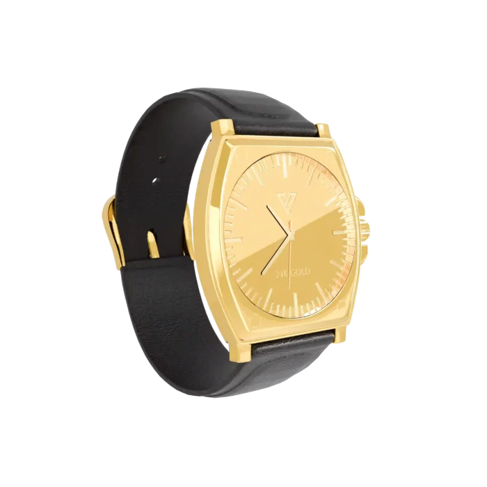 Gold watch with black leather strap and luxury polished dial